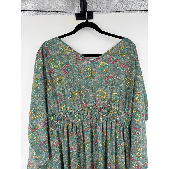 Anthropologie Boemo Green midi dress Paisley Tiered smocked Size L Boho Regency - Picture 8 of 11